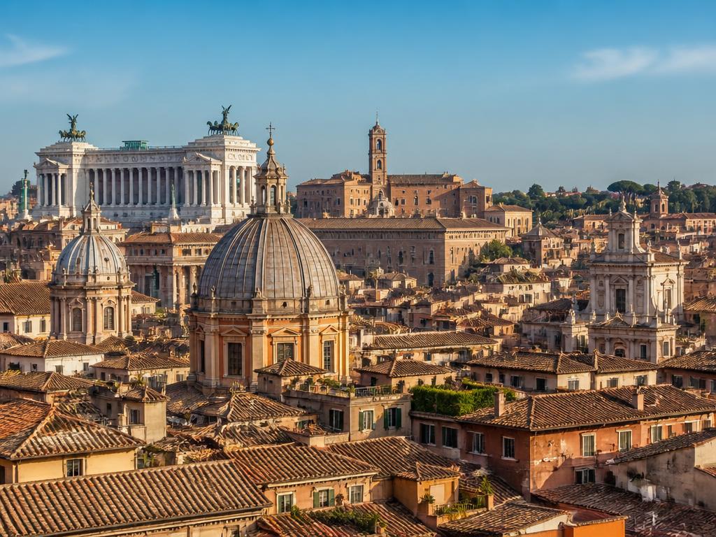 Rome rooftops and ancient architecture under a clear blue sky
